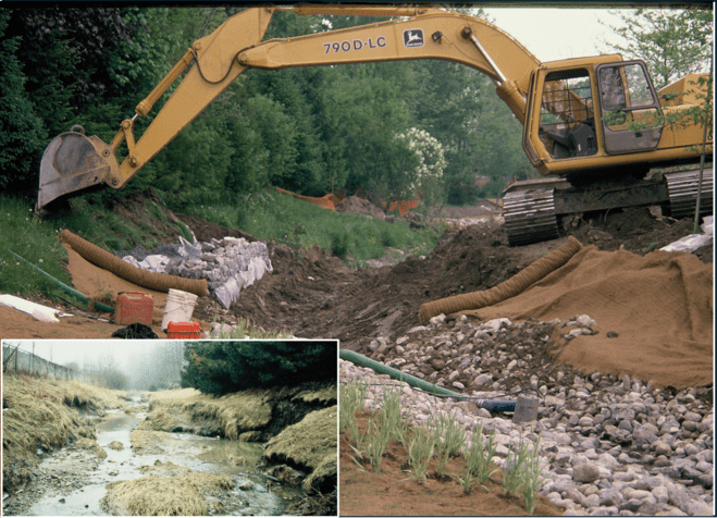 Photo of an eroded stream being rehabilitated using principles of natural channel design